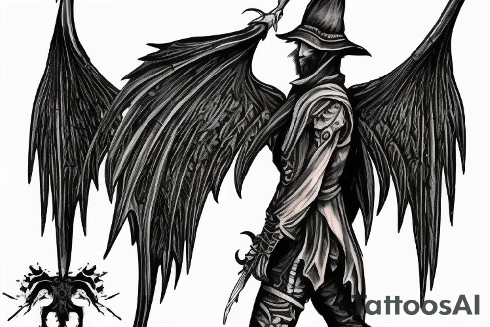 bloodborne hunter full height with a scythe and wings behind his back tattoo idea