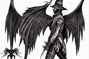 bloodborne hunter full height with a scythe and wings behind his back tattoo idea