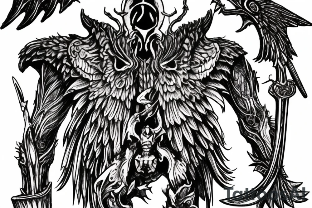 bloodborne hunter full height with a scythe and wings behind his back tattoo idea