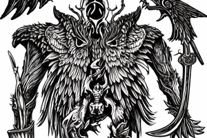 bloodborne hunter full height with a scythe and wings behind his back tattoo idea