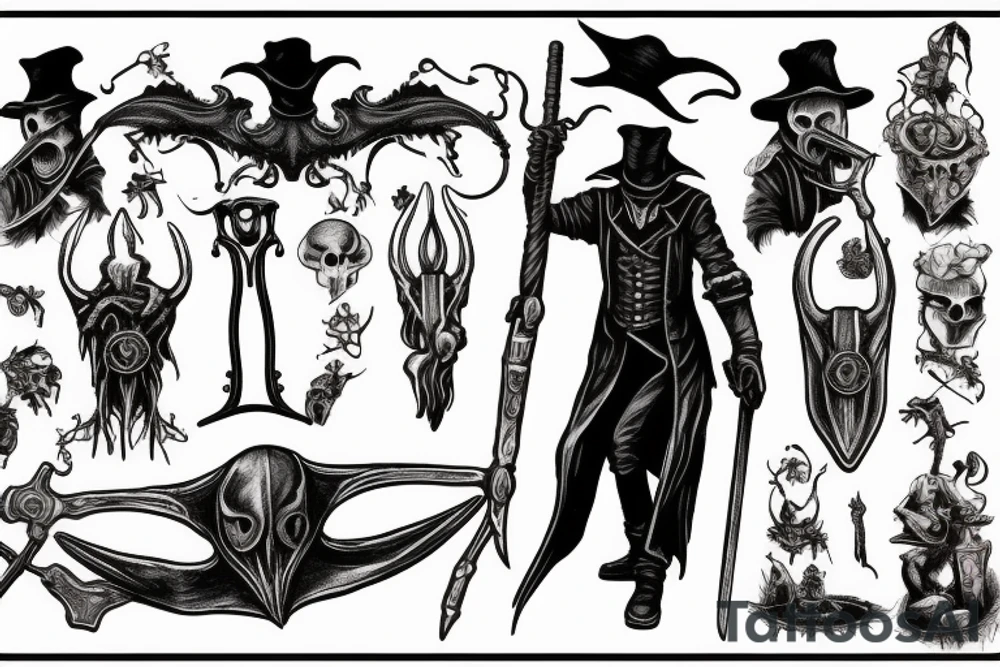 bloodborne hunter full height with a scythe plague doctor tattoo idea