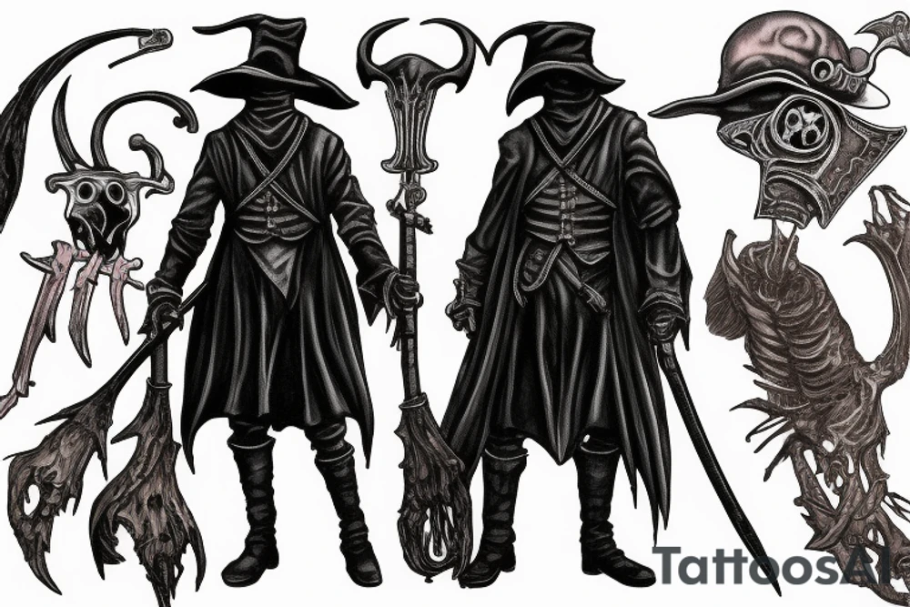 bloodborne hunter full height with a scythe plague doctor tattoo idea