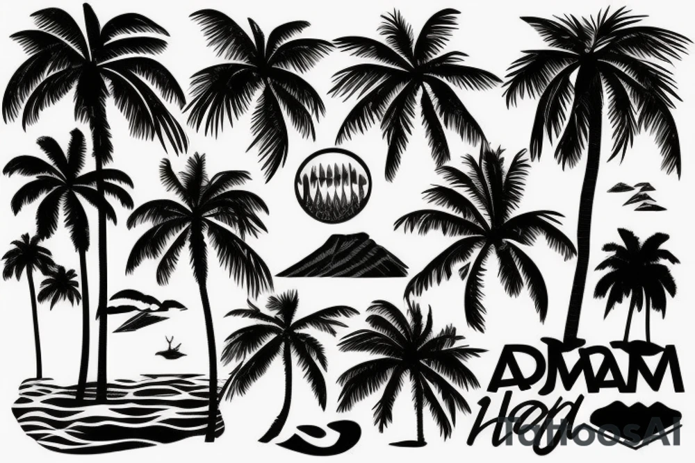 a piture of Diamond Head Crater in Hawaii with a Palm tree and ocean tattoo idea