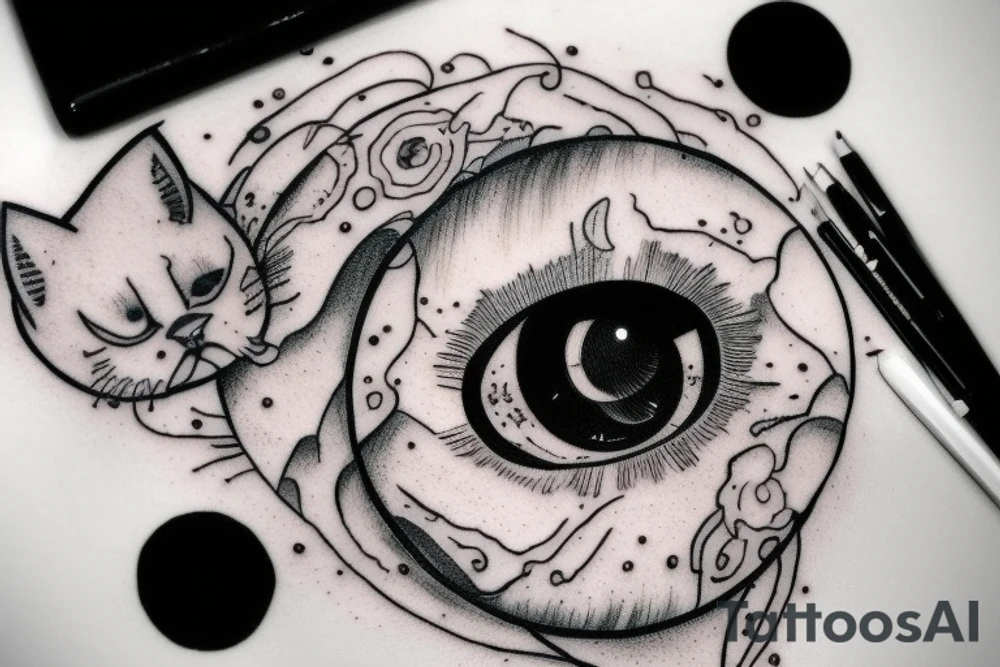 a piture of a cute wided eye kitten, sitting on a cresent moon tattoo idea