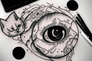a piture of a cute wided eye kitten, sitting on a cresent moon tattoo idea