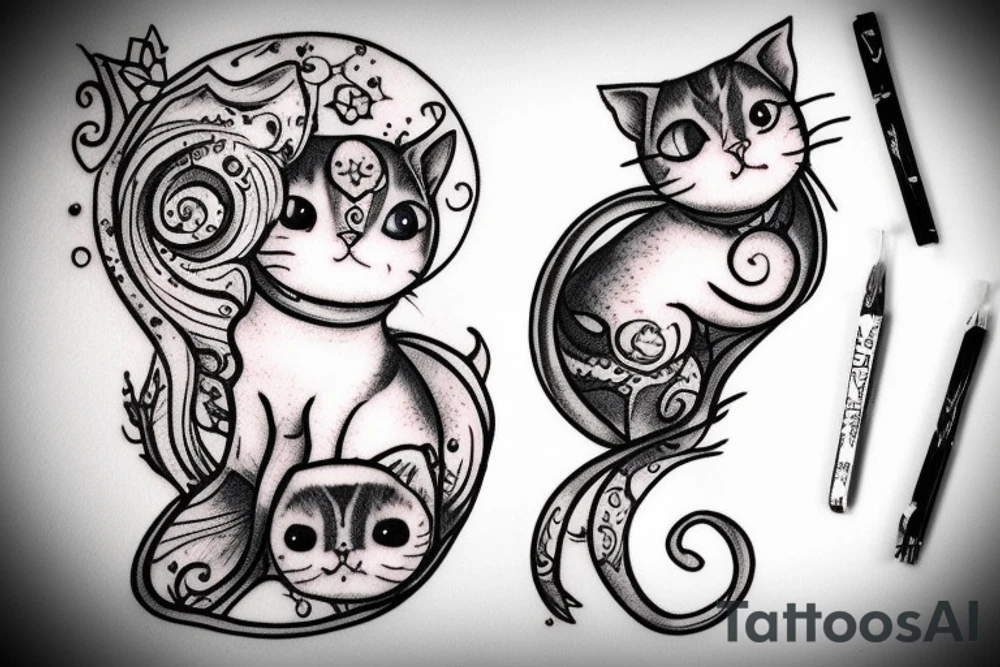 a piture of a cute wided eye kitten, sitting on a cresent moon tattoo idea