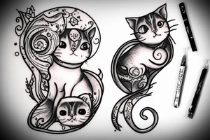 a piture of a cute wided eye kitten, sitting on a cresent moon tattoo idea