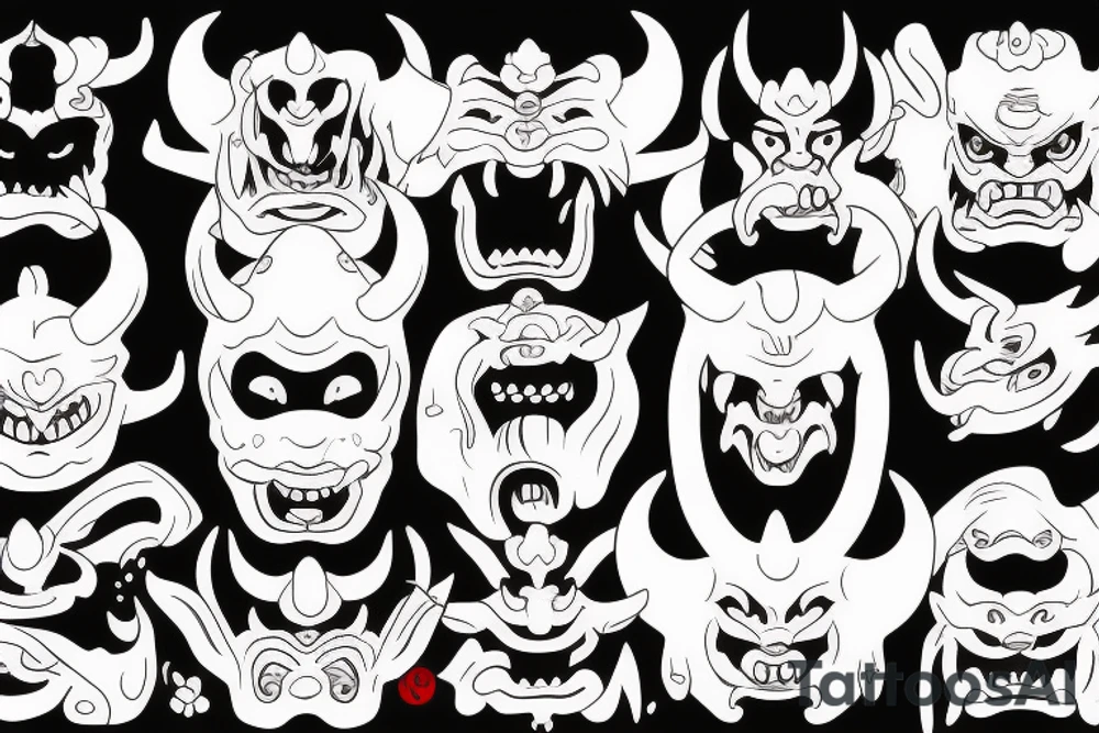 japanese oni mask woman-demon, with horns, closed eyes, eyes leaking blood, tongue out tattoo idea