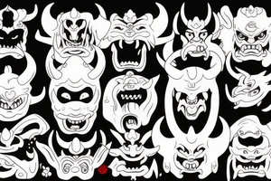 japanese oni mask woman-demon, with horns, closed eyes, eyes leaking blood, tongue out tattoo idea
