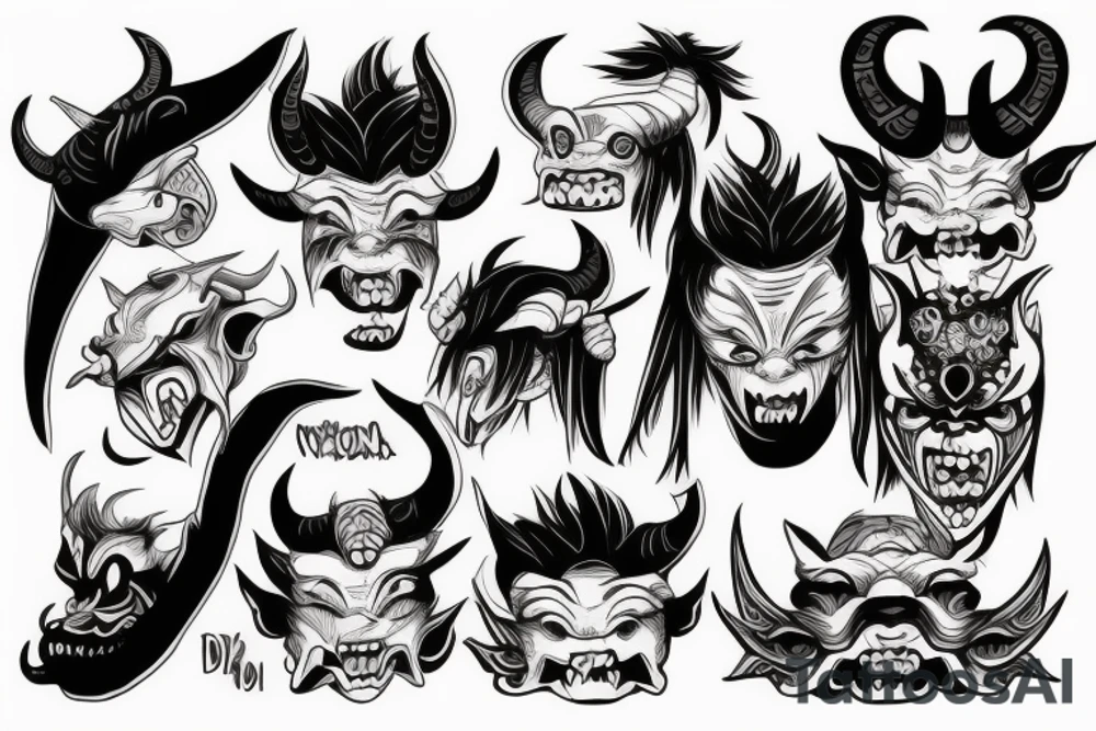 japanese oni mask woman-demon, with horns, closed eyes, eyes leaking blood, tongue out tattoo idea