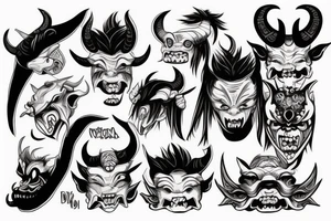 japanese oni mask woman-demon, with horns, closed eyes, eyes leaking blood, tongue out tattoo idea