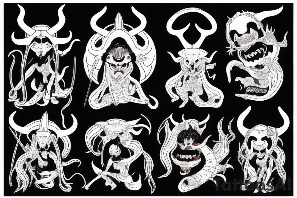 japanese oni woman-demon, with horns, closed eyes, eyes leaking blood, tongue out tattoo idea