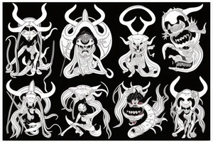 japanese oni woman-demon, with horns, closed eyes, eyes leaking blood, tongue out tattoo idea
