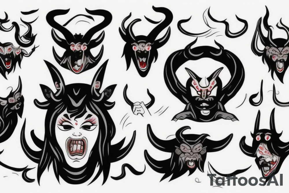 japanese oni woman-demon, with horns, closed eyes, eyes leaking blood, tongue out tattoo idea