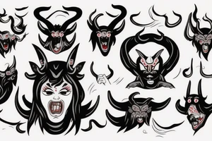 japanese oni woman-demon, with horns, closed eyes, eyes leaking blood, tongue out tattoo idea