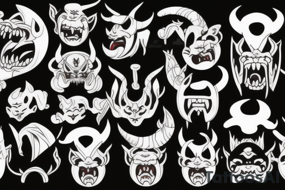 japanese oni woman-demon, with horns, closed eyes, eyes leaking blood, tongue out tattoo idea
