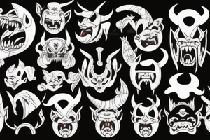 japanese oni woman-demon, with horns, closed eyes, eyes leaking blood, tongue out tattoo idea