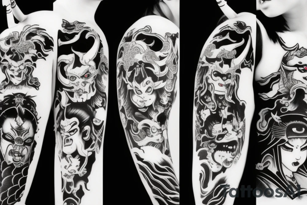 japanese oni woman-demon, with horns, closed eyes, eyes leaking blood, tongue out tattoo idea