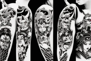 japanese oni woman-demon, with horns, closed eyes, eyes leaking blood, tongue out tattoo idea