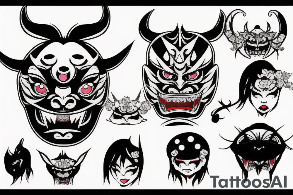 japanese woman-demon oni mask tattoo idea
