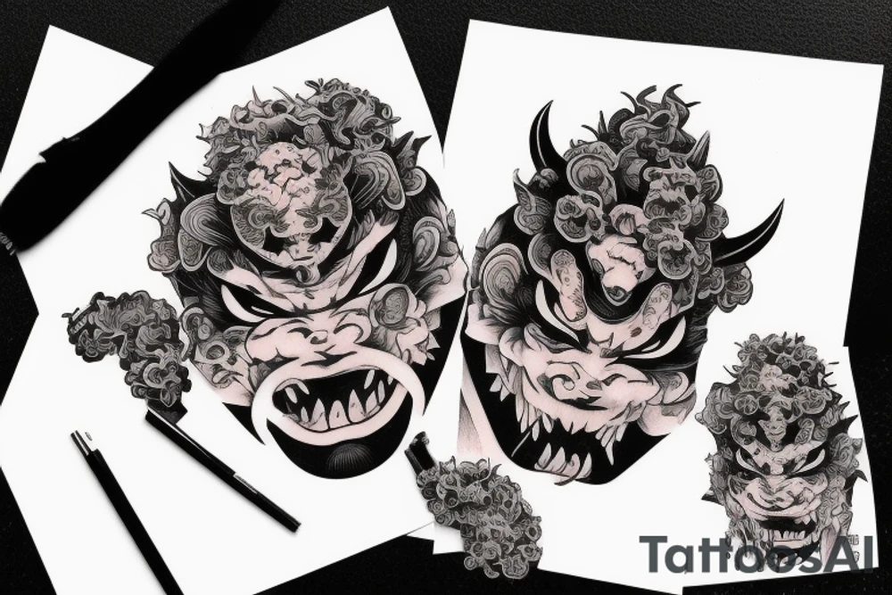 japanese woman-demon oni mask tattoo idea