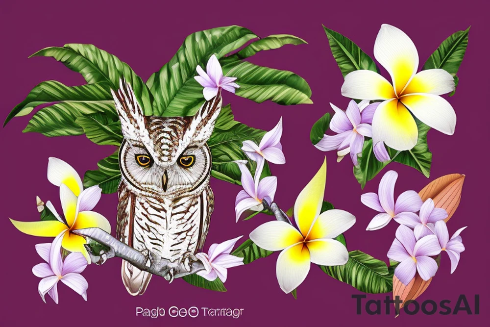 An eastern screech owl showcased with plumeria flowers and tropical leaves. tattoo idea