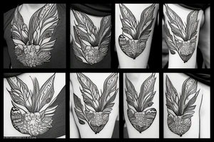 An eastern screech owl showcased with plumeria flowers and tropical leaves. tattoo idea