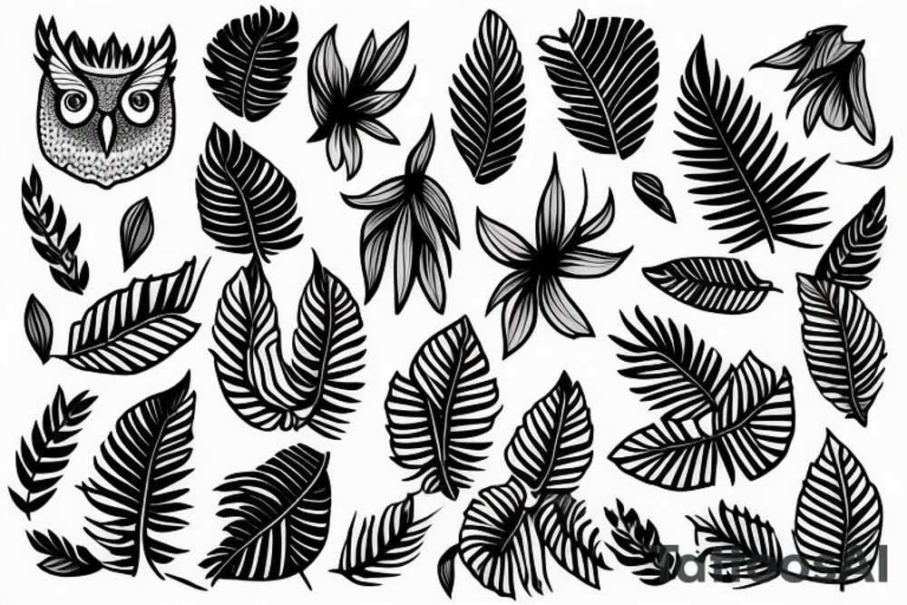 An eastern screech owl with plumeria flowers and tropical leaves. tattoo idea