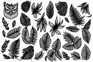 An eastern screech owl with plumeria flowers and tropical leaves. tattoo idea