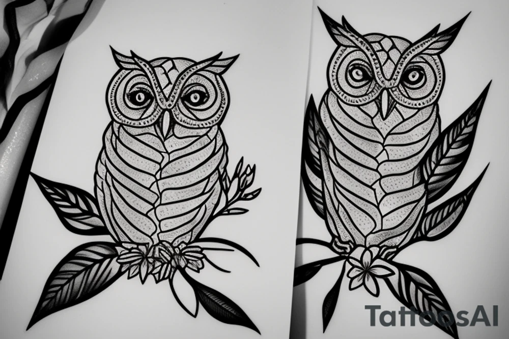 An eastern screech owl with plumeria flowers and tropical leaves. tattoo idea