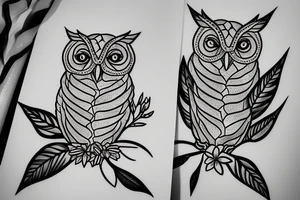 An eastern screech owl with plumeria flowers and tropical leaves. tattoo idea