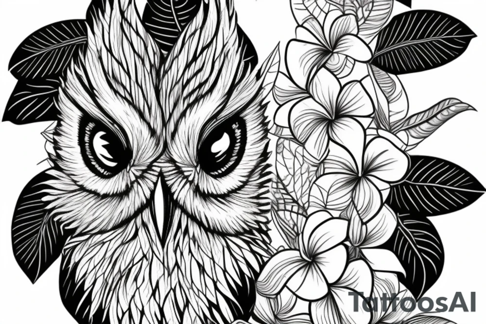 An eastern screech owl with plumeria flowers and tropical leaves. tattoo idea