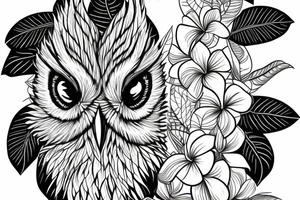 An eastern screech owl with plumeria flowers and tropical leaves. tattoo idea