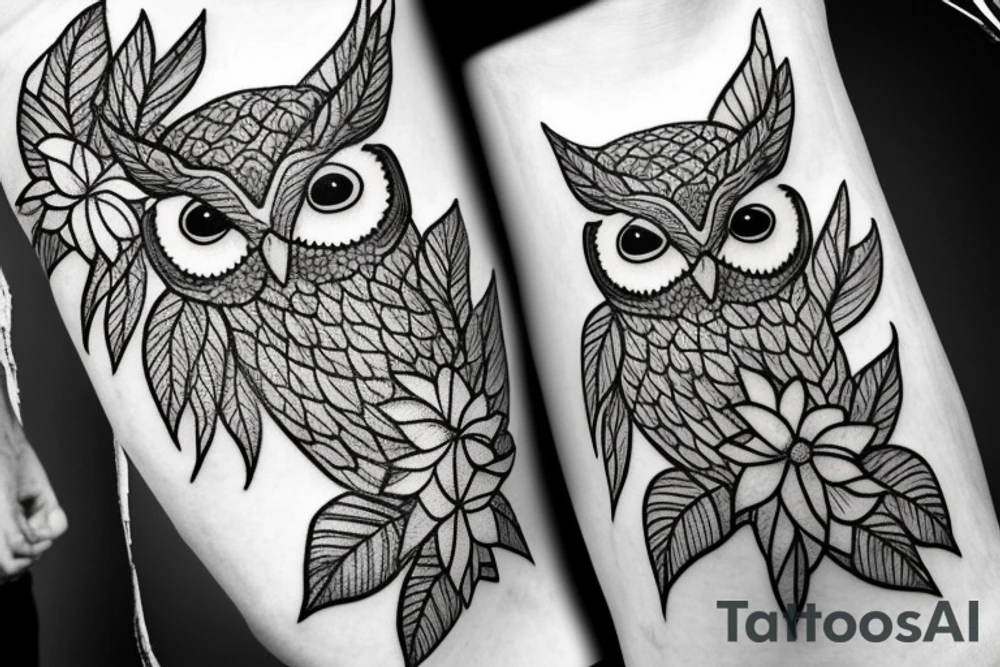 An eastern screech owl with plumeria flowers and tropical leaves. tattoo idea