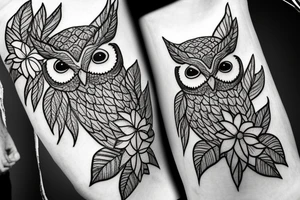 An eastern screech owl with plumeria flowers and tropical leaves. tattoo idea