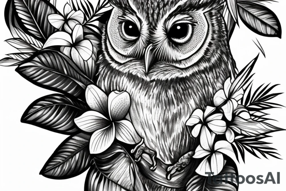 An eastern screech owl with plumeria flowers and tropical leaves. tattoo idea