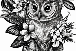 An eastern screech owl with plumeria flowers and tropical leaves. tattoo idea