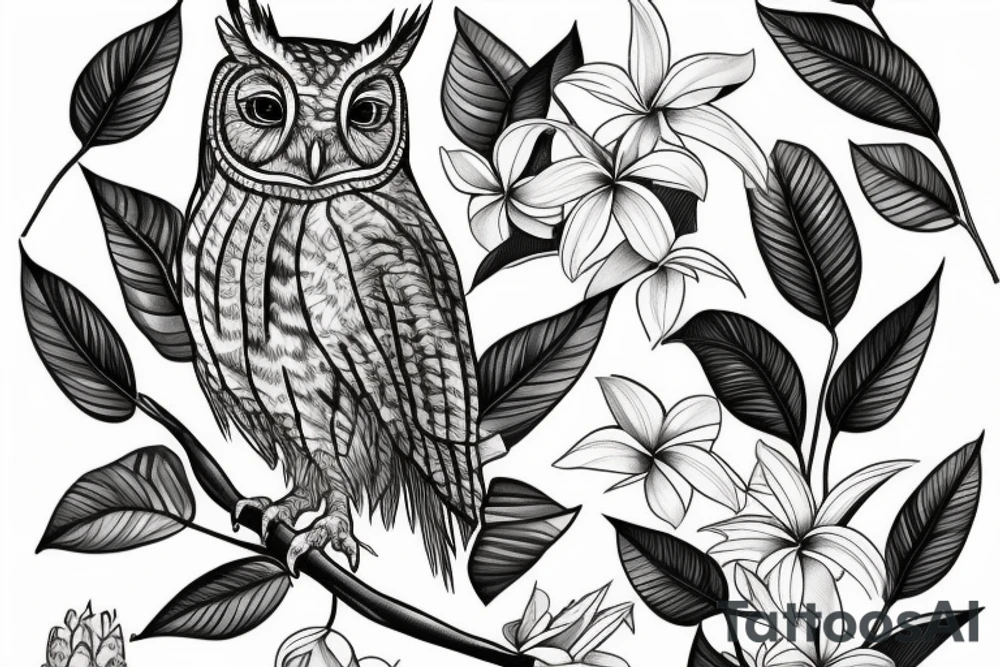 An eastern screech owl with plumeria flowers and tropical leaves. tattoo idea