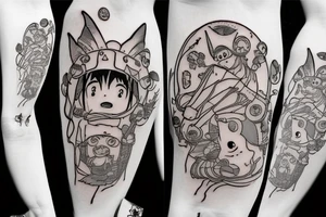 Small characters from spirit away, howls moving castle, princess Mononoke, Ponyo, Totoro, Witches delivery tattoo idea