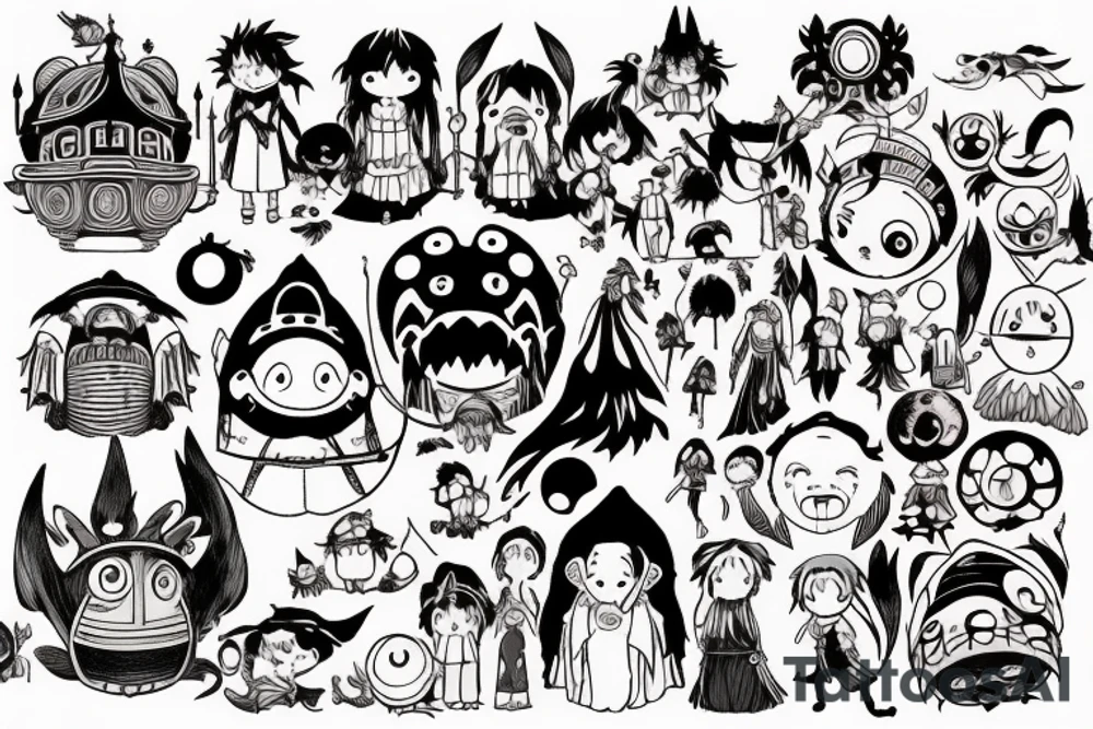Small characters from spirit away, howls moving castle, princess Mononoke, Ponyo, Totoro, Witches delivery tattoo idea
