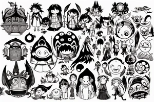 Small characters from spirit away, howls moving castle, princess Mononoke, Ponyo, Totoro, Witches delivery tattoo idea