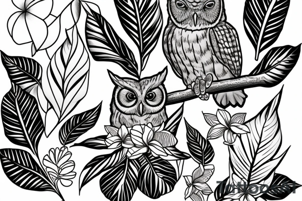 An eastern screech owl with plumeria flowers and tropical leaves. tattoo idea