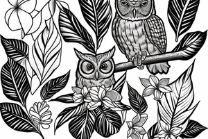 An eastern screech owl with plumeria flowers and tropical leaves. tattoo idea