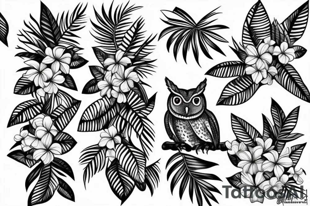 An eastern screech owl with plumeria flowers and tropical leaves. tattoo idea