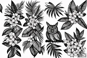 An eastern screech owl with plumeria flowers and tropical leaves. tattoo idea
