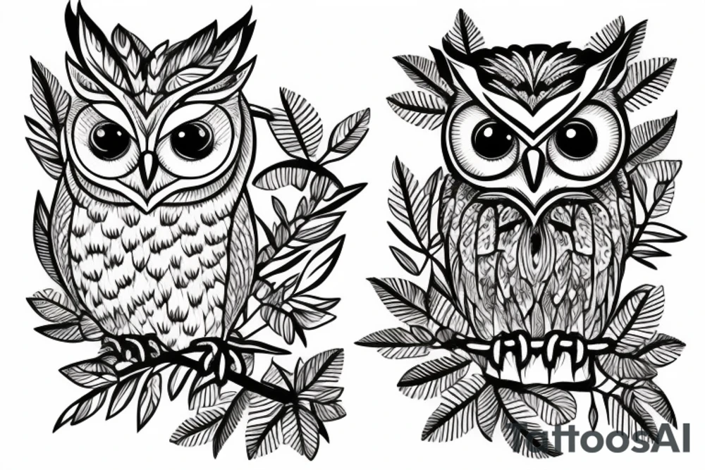 A screech owl with tropical flowers tattoo idea