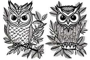 A screech owl with tropical flowers tattoo idea