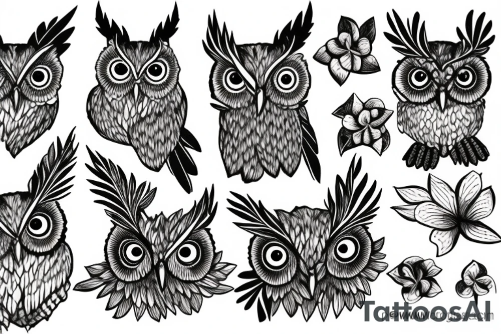 A screech owl with tropical flowers tattoo idea