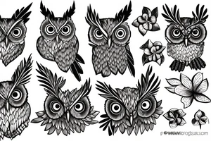 A screech owl with tropical flowers tattoo idea