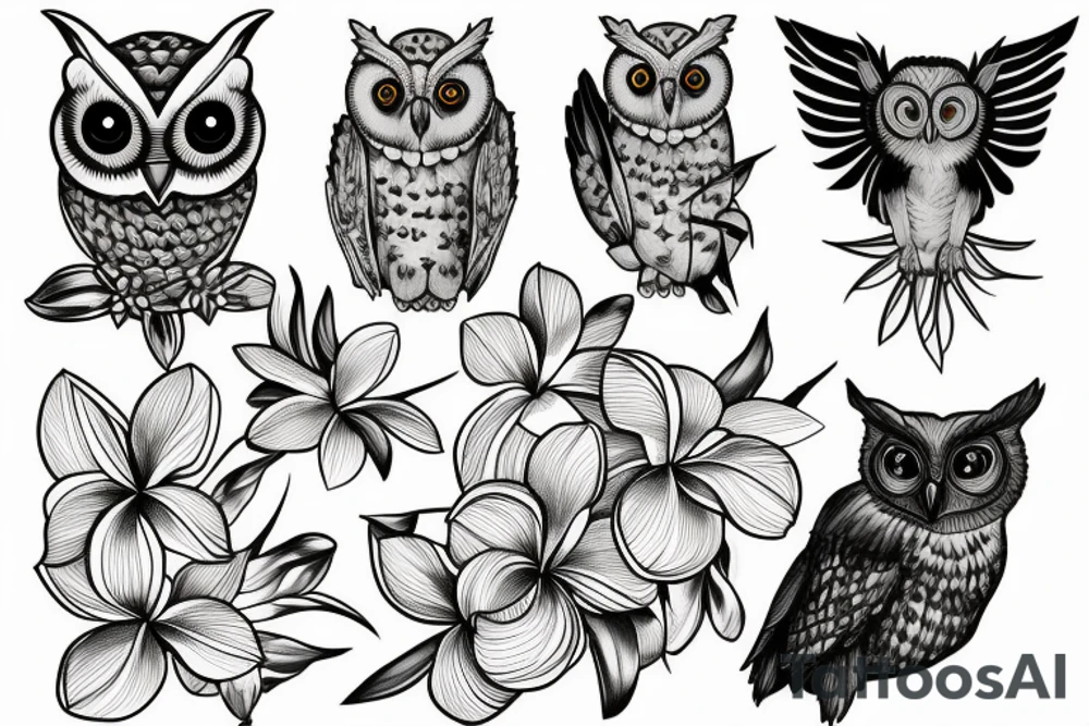 A screech owl with plumeria and orchids tattoo idea